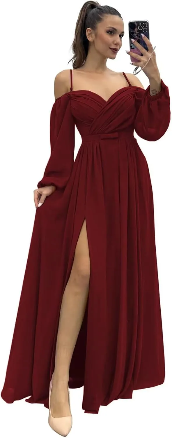 YUAOHUANG Women's Off The Shoulder Long Sleeve Chiffon Bridesmaid Dresses Long Slit Spaghetti Strap Formal Party Dress