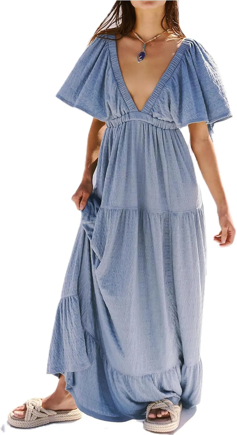 Yuemengxuan Women Summer Dresses Deep V-Neck Backless Maxi Dress Y2K Boho Dress Flowy Beach Vacation Sundresses