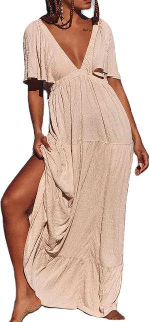 Yuemengxuan Women Summer Dresses Deep V-Neck Backless Maxi Dress Y2K Boho Dress Flowy Beach Vacation Sundresses