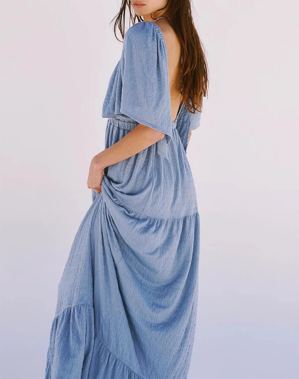 Yuemengxuan Women Summer Dresses Deep V-Neck Backless Maxi Dress Y2K Boho Dress Flowy Beach Vacation Sundresses