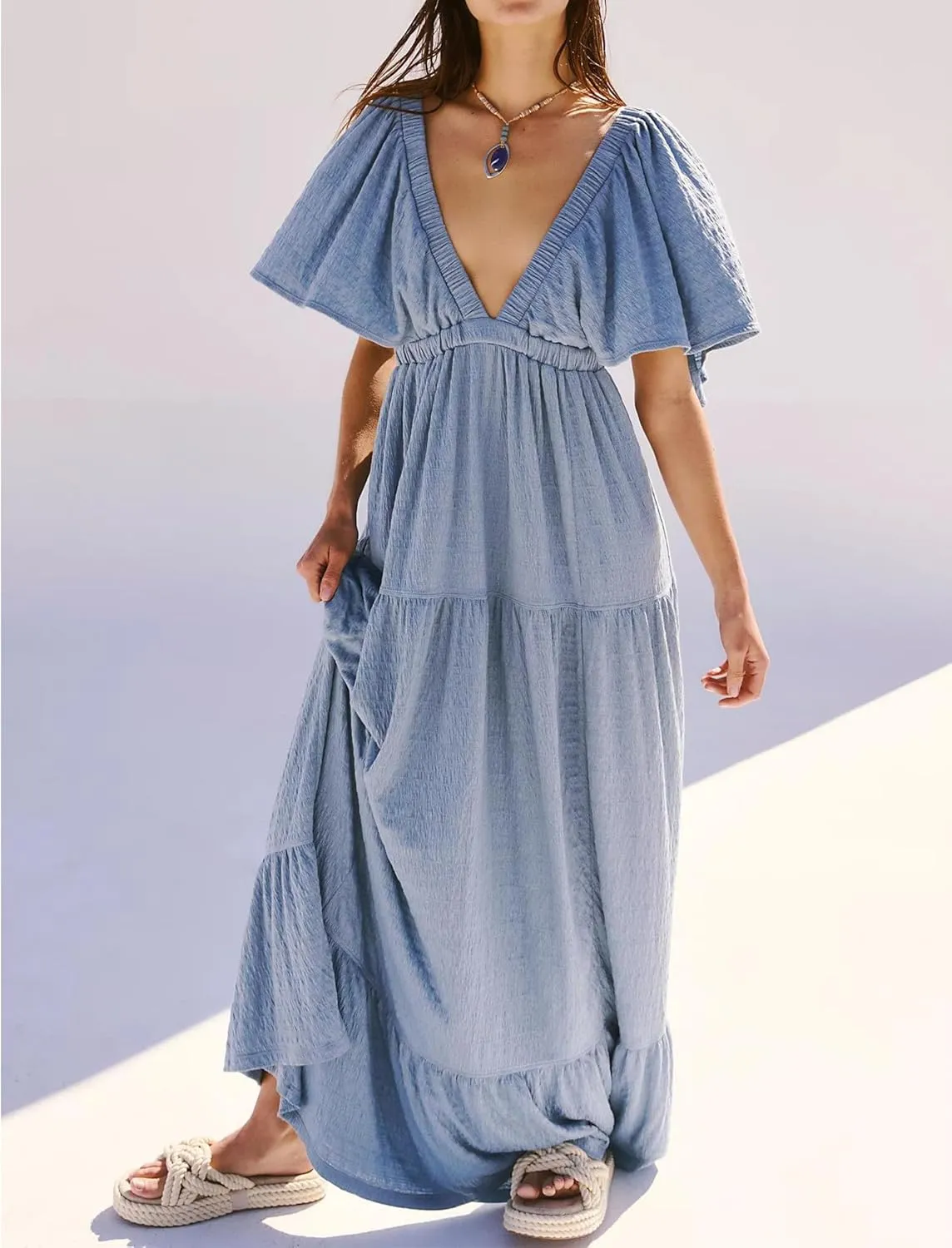 Yuemengxuan Women Summer Dresses Deep V-Neck Backless Maxi Dress Y2K Boho Dress Flowy Beach Vacation Sundresses
