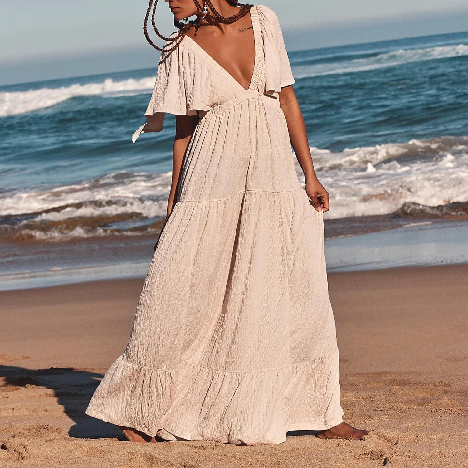 Yuemengxuan Women Summer Dresses Deep V-Neck Backless Maxi Dress Y2K Boho Dress Flowy Beach Vacation Sundresses