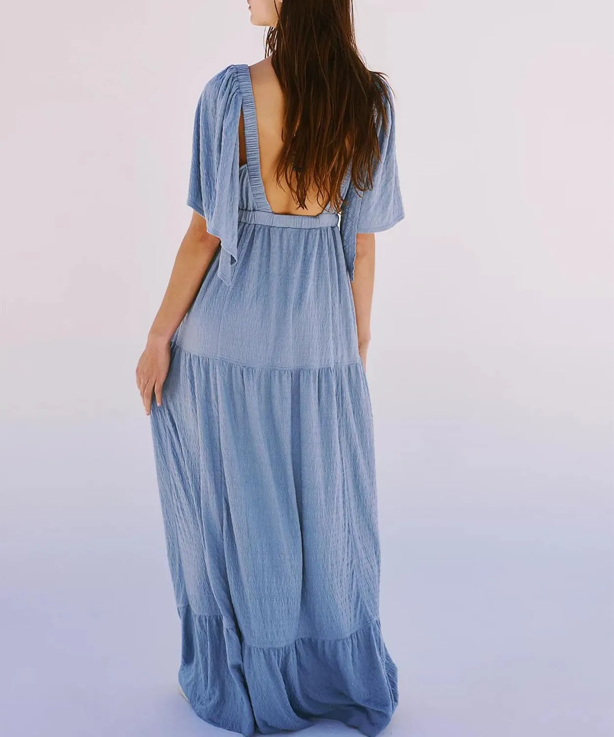 Yuemengxuan Women Summer Dresses Deep V-Neck Backless Maxi Dress Y2K Boho Dress Flowy Beach Vacation Sundresses