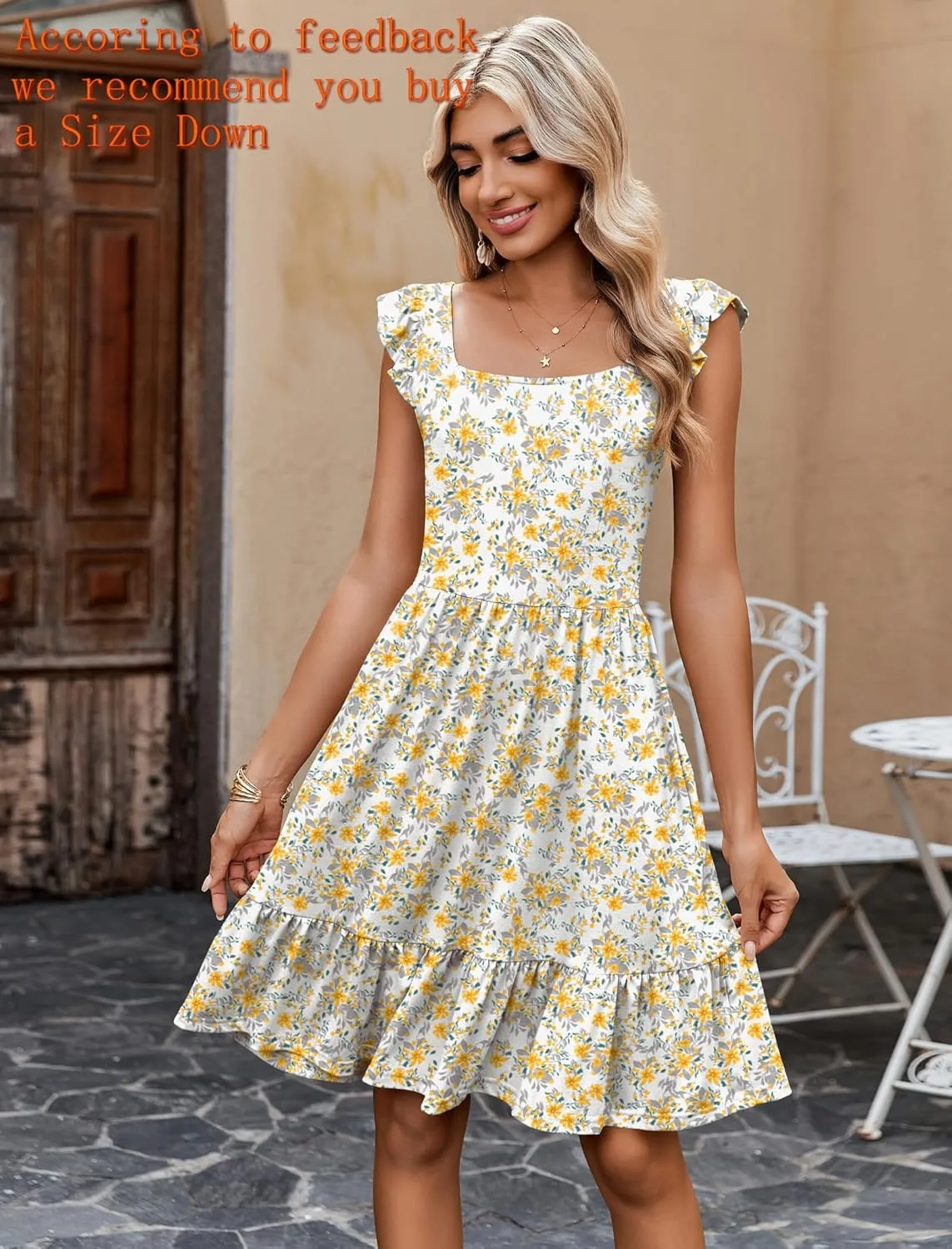 Zeagoo Womens Summer Dress Casual Ruffle Tiered Floral Square Neck Sundresses Beach Boho Mini A-line Dress 2025 with Pockets