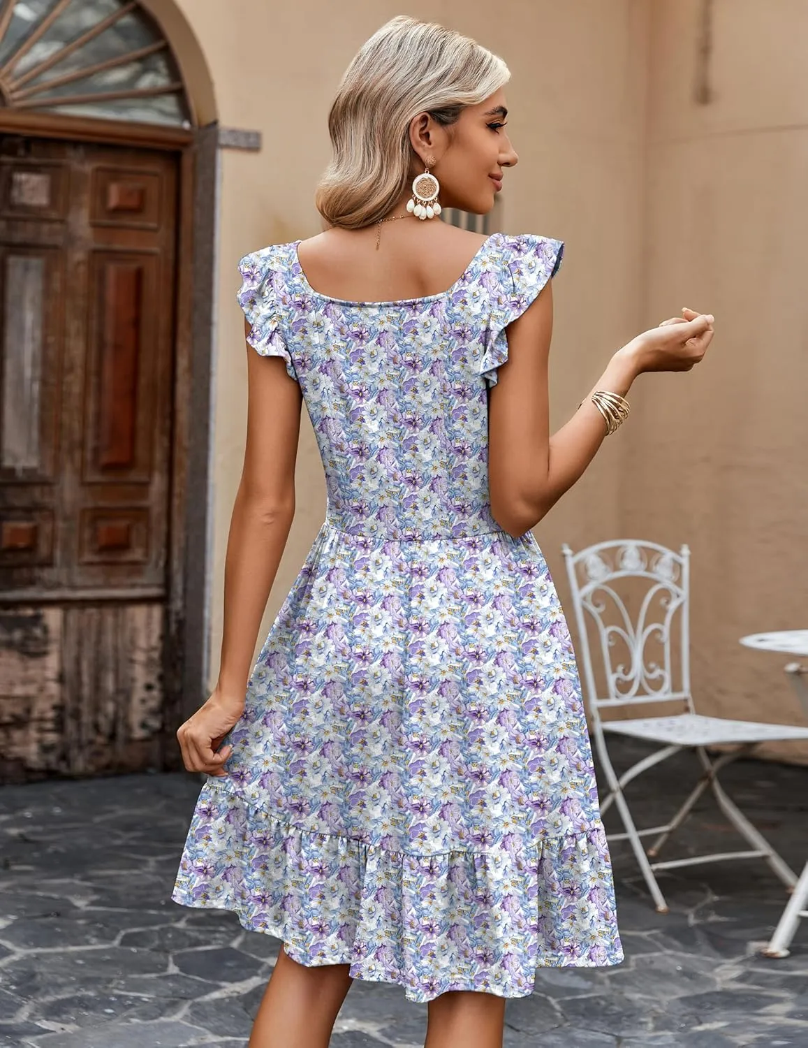Zeagoo Womens Summer Dress Casual Ruffle Tiered Floral Square Neck Sundresses Beach Boho Mini A-line Dress 2025 with Pockets