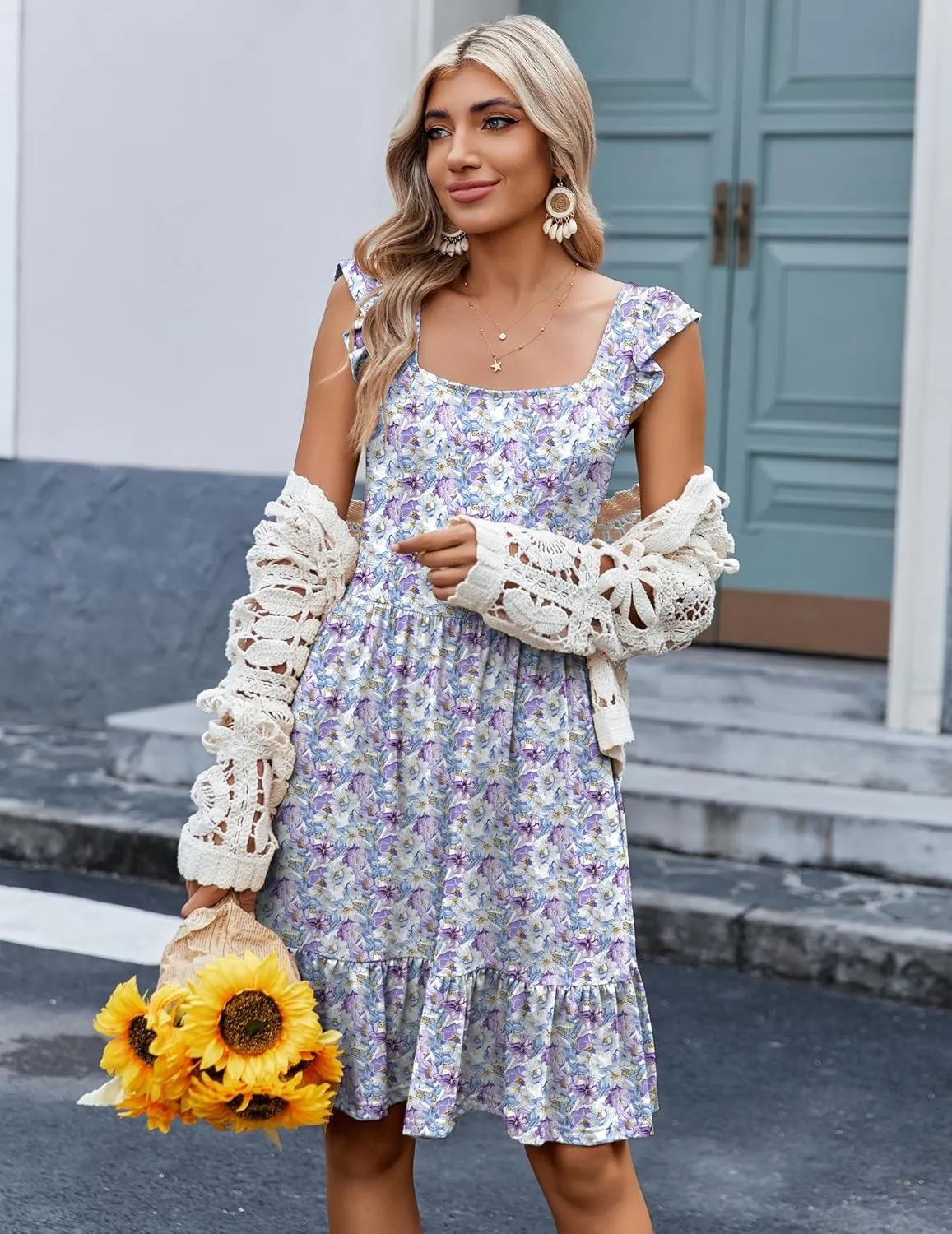 Zeagoo Womens Summer Dress Casual Ruffle Tiered Floral Square Neck Sundresses Beach Boho Mini A-line Dress 2025 with Pockets