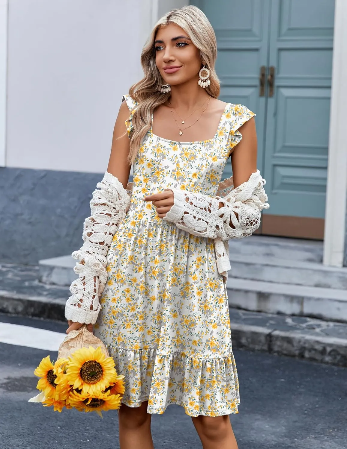 Zeagoo Womens Summer Dress Casual Ruffle Tiered Floral Square Neck Sundresses Beach Boho Mini A-line Dress 2025 with Pockets