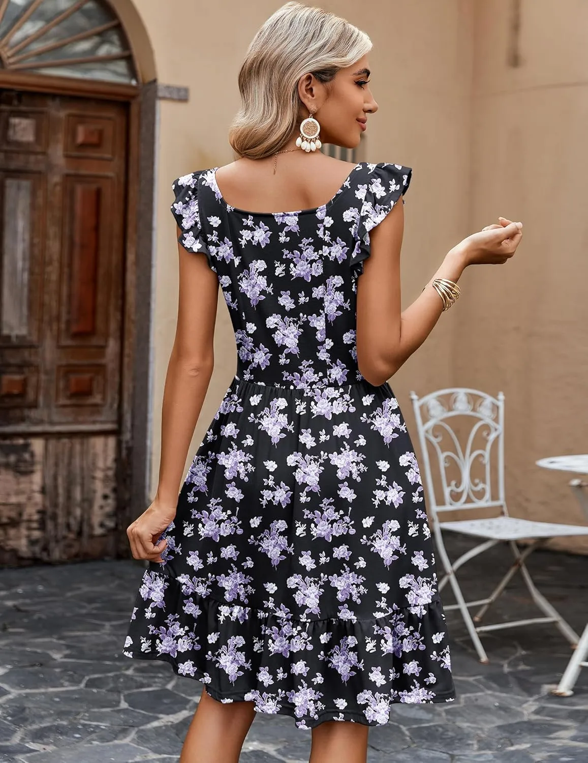 Zeagoo Womens Summer Dress Casual Ruffle Tiered Floral Square Neck Sundresses Beach Boho Mini A-line Dress 2025 with Pockets