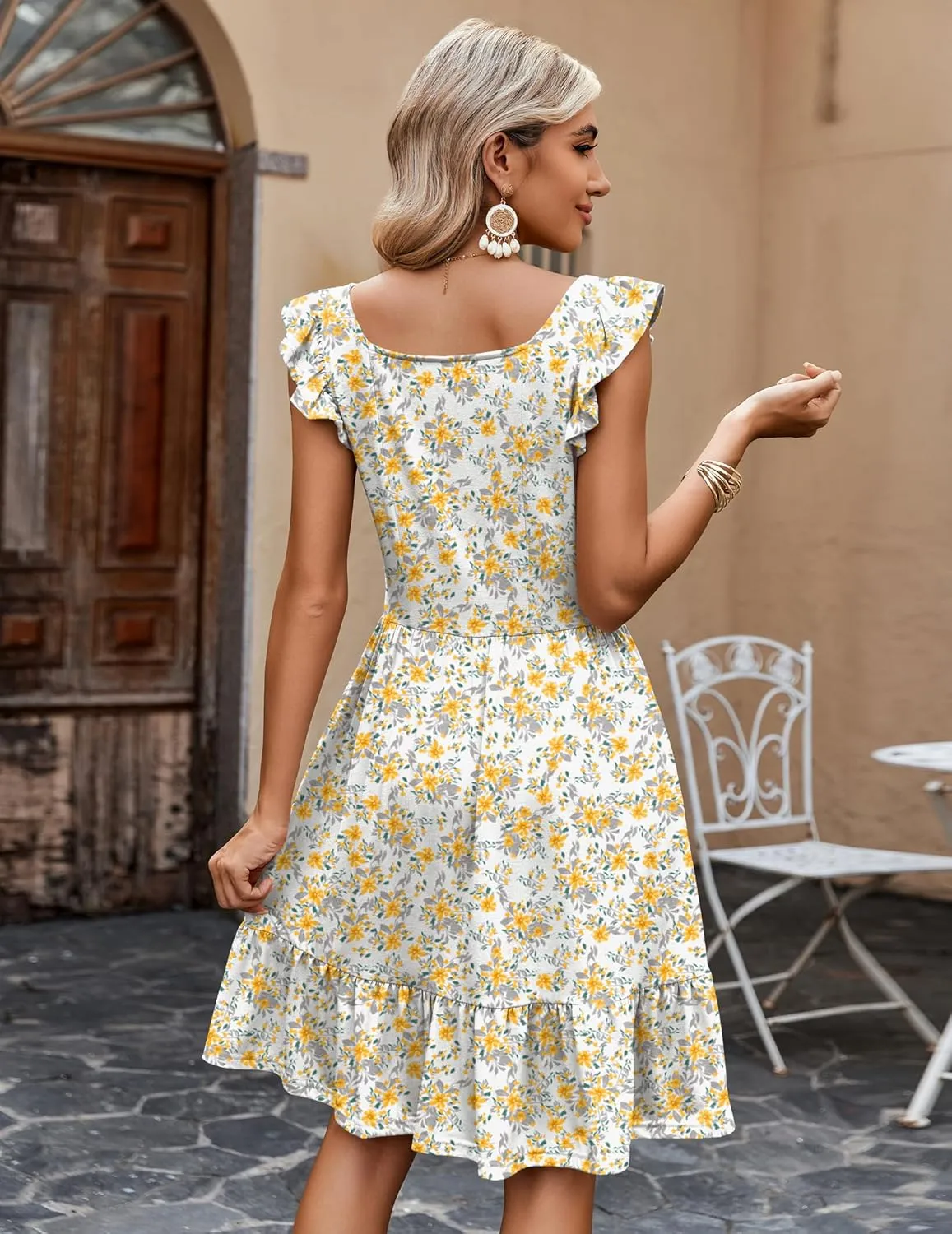 Zeagoo Womens Summer Dress Casual Ruffle Tiered Floral Square Neck Sundresses Beach Boho Mini A-line Dress 2025 with Pockets