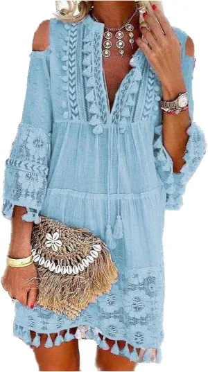 ZOCAVIA Women's Flowy Boho Lace Embroidery Mini Dress Summer Casual Long Sleeves Ruffle Dress Beach Wedding Guest Dresses
