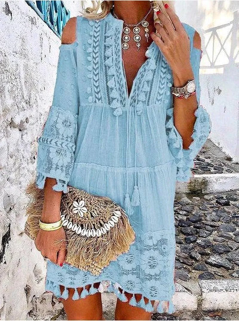 ZOCAVIA Women's Flowy Boho Lace Embroidery Mini Dress Summer Casual Long Sleeves Ruffle Dress Beach Wedding Guest Dresses